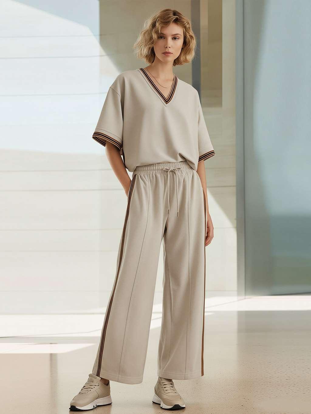 Khaki Striped-Trim V-Neck Top And Side-Stripe Wide-Leg Pants Set