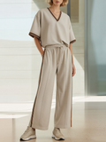 Khaki Striped-Trim V-Neck Top And Side-Stripe Wide-Leg Pants Set