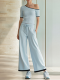 Light Blue Color-Block Off-Shoulder Knit Top And Cropped Wide-Leg Pants Set