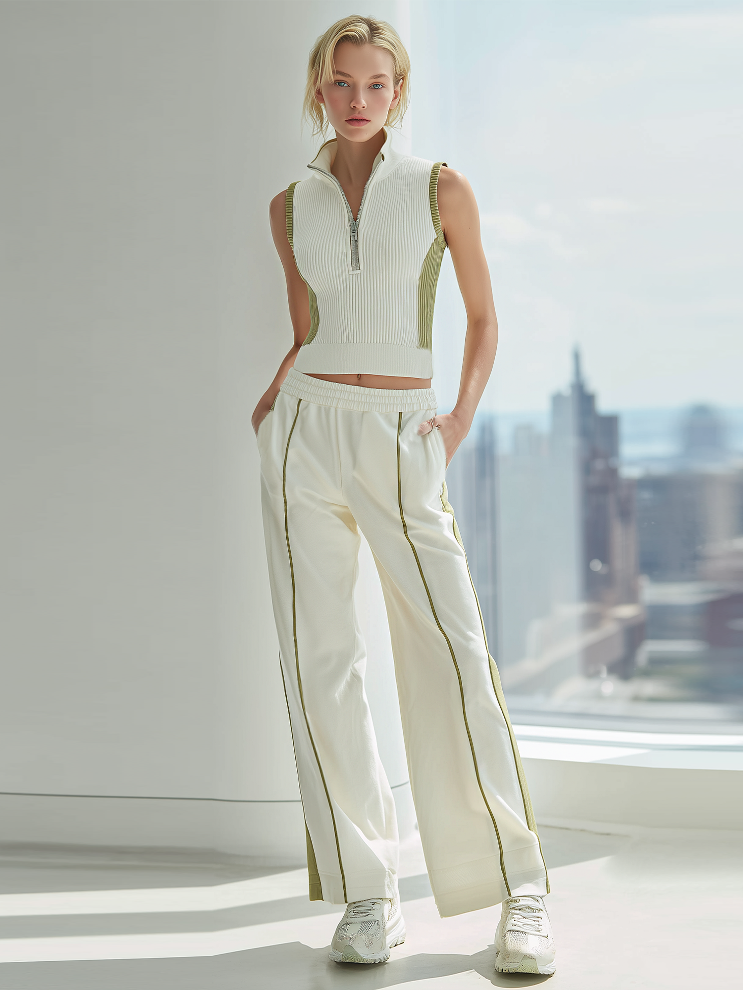 Color-Block Sleeveless Half-Zip Knit Top And Side-Stripe Wide-Leg Pants Set