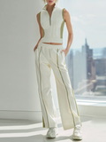 Color-Block Sleeveless Half-Zip Knit Top And Side-Stripe Wide-Leg Pants Set
