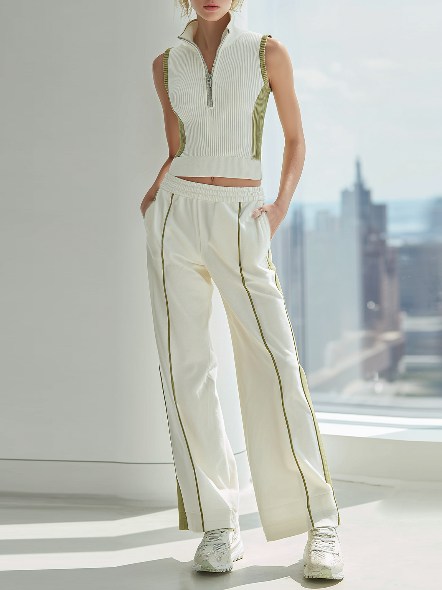 Color-Block Sleeveless Half-Zip Knit Top And Side-Stripe Wide-Leg Pants Set