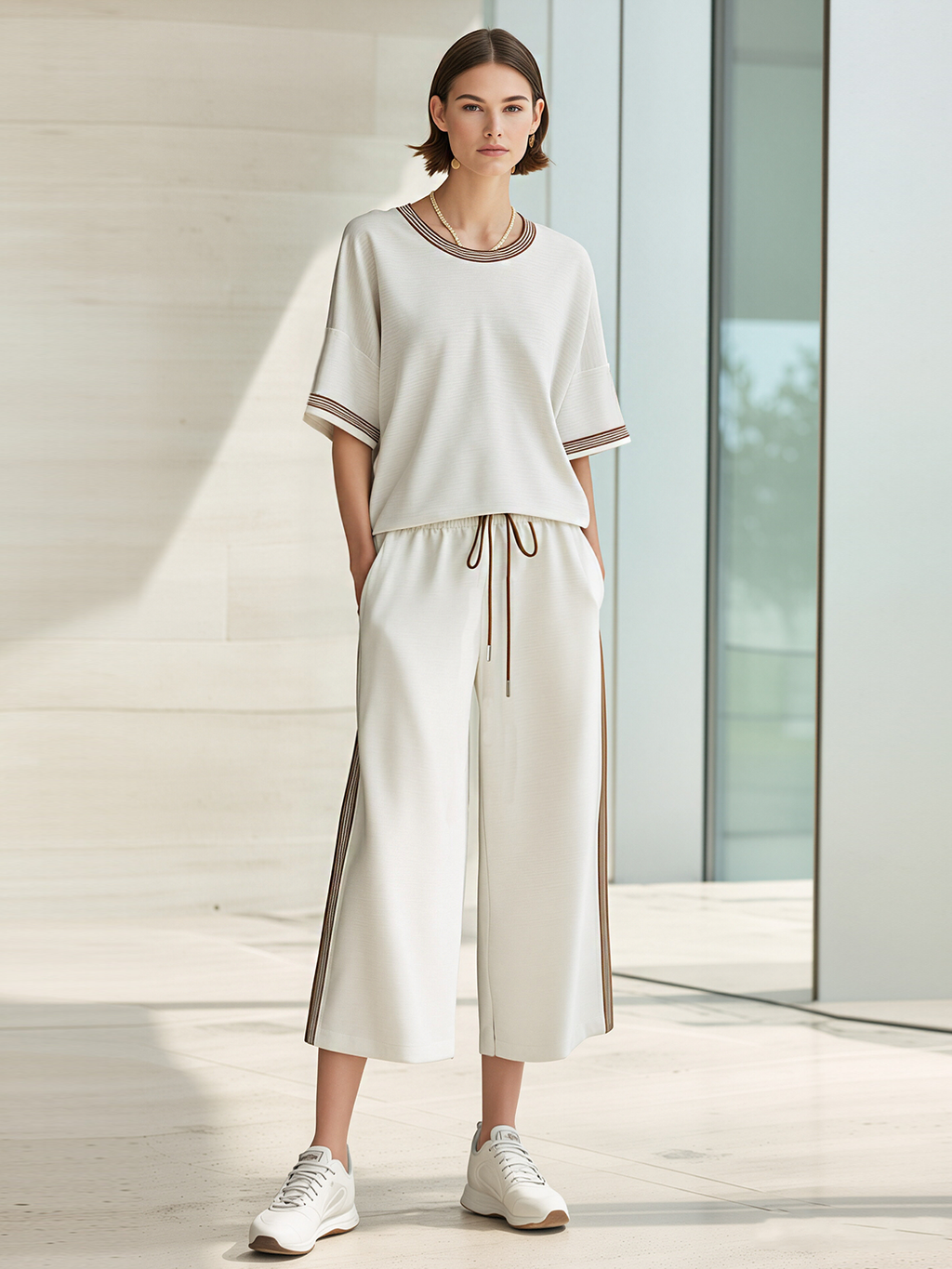 Crew-Neck Top With Striped Trim And Side-Striped Wide-Leg Cropped Pants Set