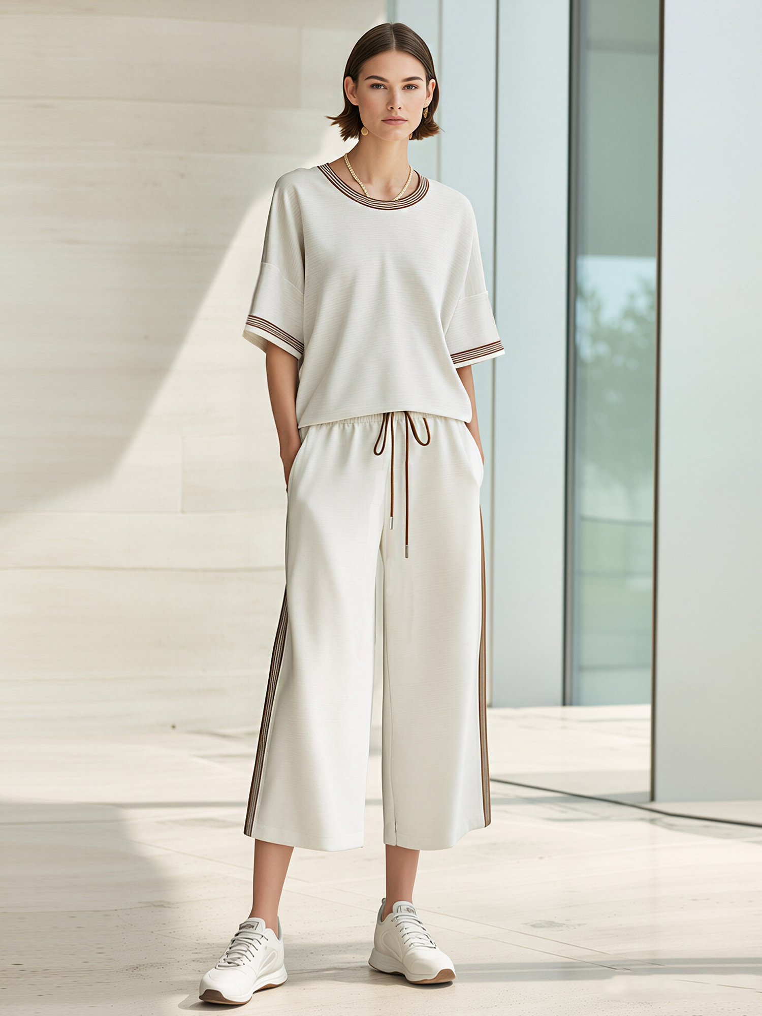 Crew-Neck Top With Striped Trim And Side-Striped Wide-Leg Cropped Pants Set