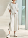 Crew-Neck Top With Striped Trim And Side-Striped Wide-Leg Cropped Pants Set